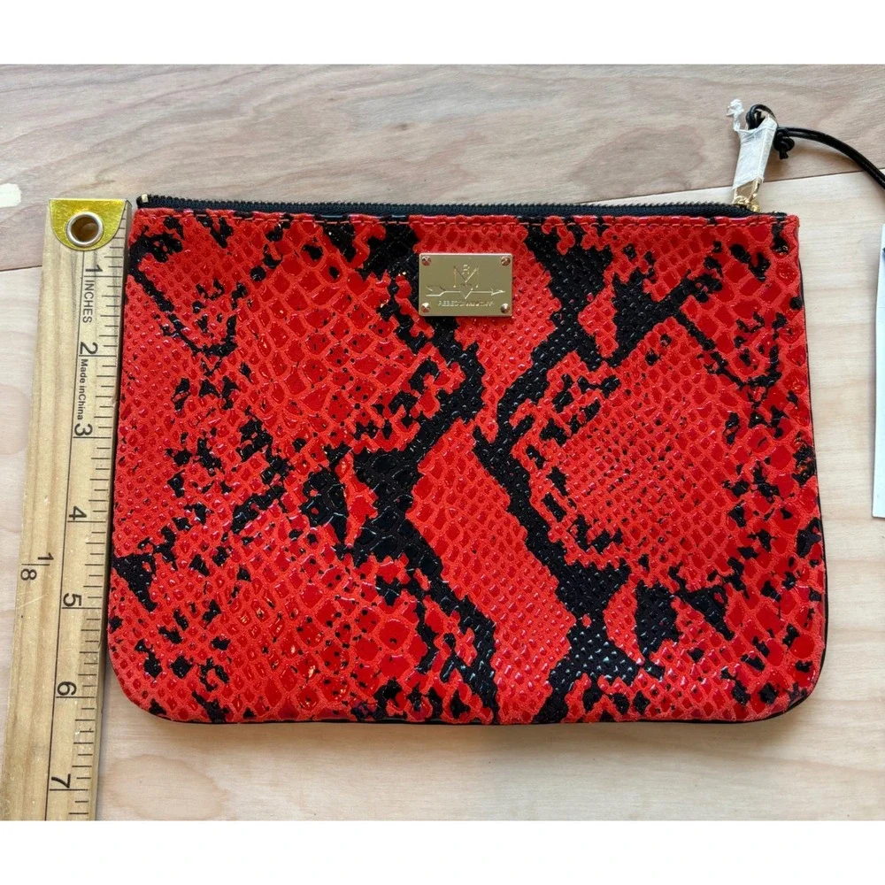 Rebecca‎ Minkoff Erin Clutch Red Black Fluoro Snake Leather Zipper Pouch NEW